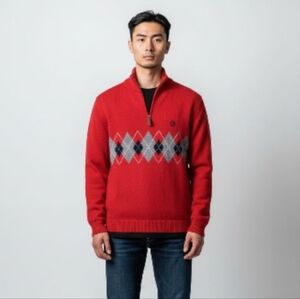 Izod Holiday Red Argyle 1/4 Zip Pullover Sweater, XL